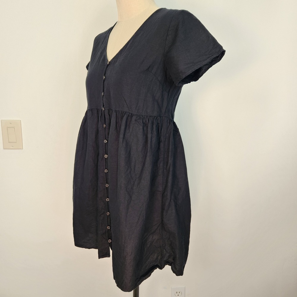 Madewell Black Linen Blend Alexandra Button Front Babydoll Mini Dress Small - Picture 2 of 11